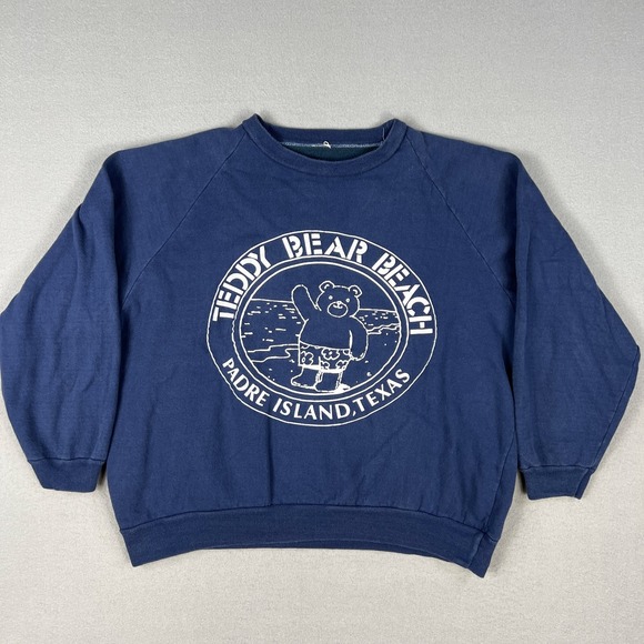 VTG Teddy Bear Beach Raglan Sweatshirt Fits Large Cropped 80s Padre Island Texas - Picture 1 of 7